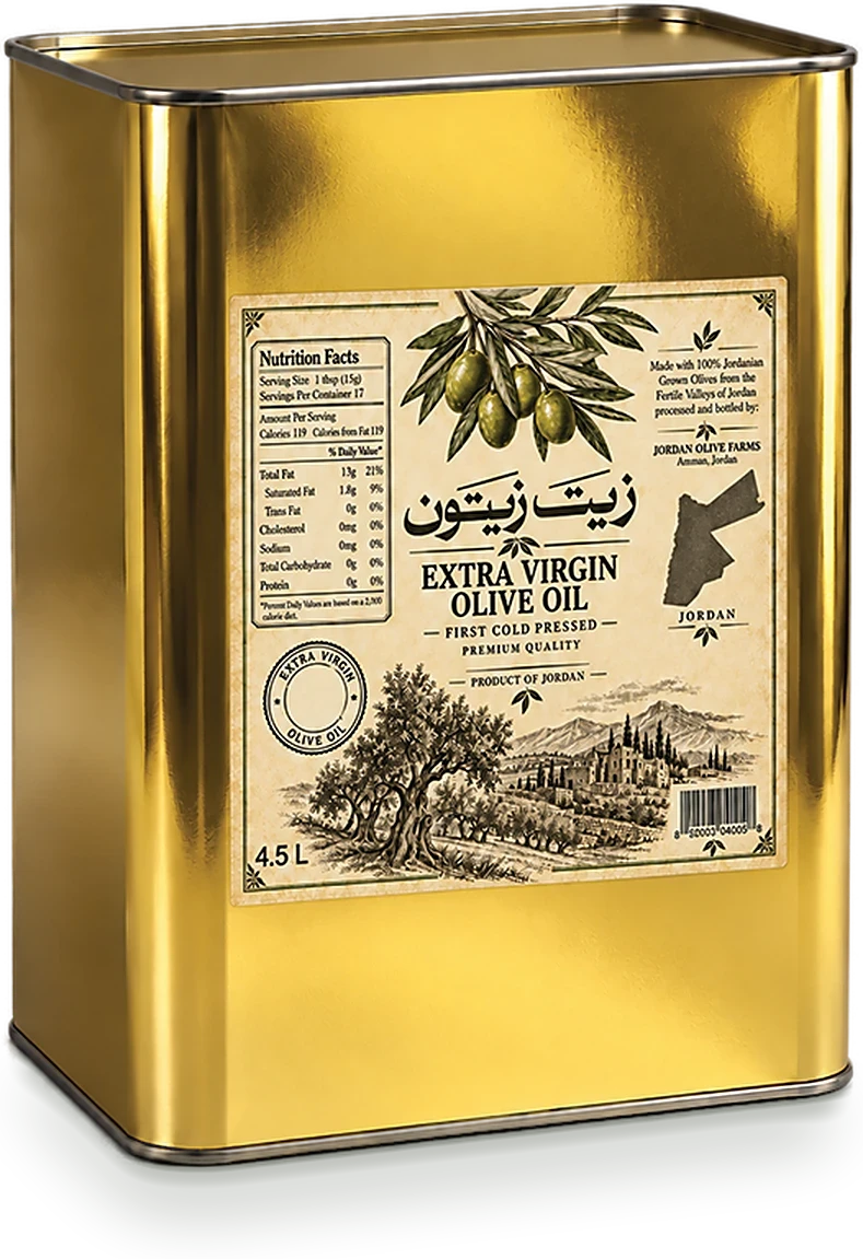 The gold 4.5‑liter tin of Zayt Zaytoun extra virgin olive oil, seen at an angle.