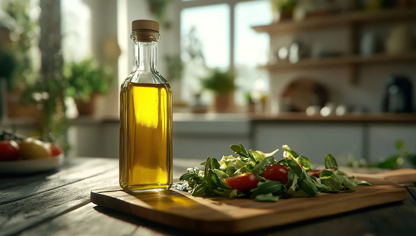 A glass bottle of golden olive oil on a wooden board beside a salad.