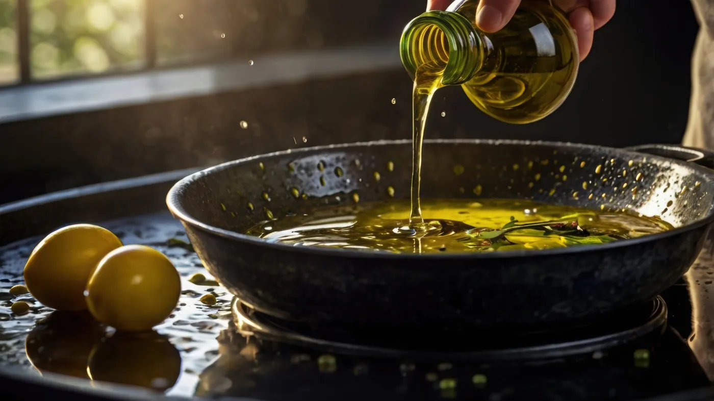Olive oil being poured into a pan on the stove.