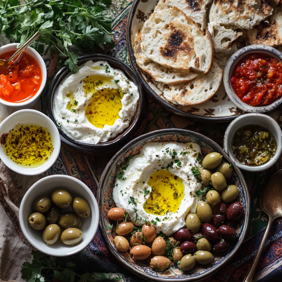 A mezze spread of labneh topped with olive oil, olives, dips and toasted bread.